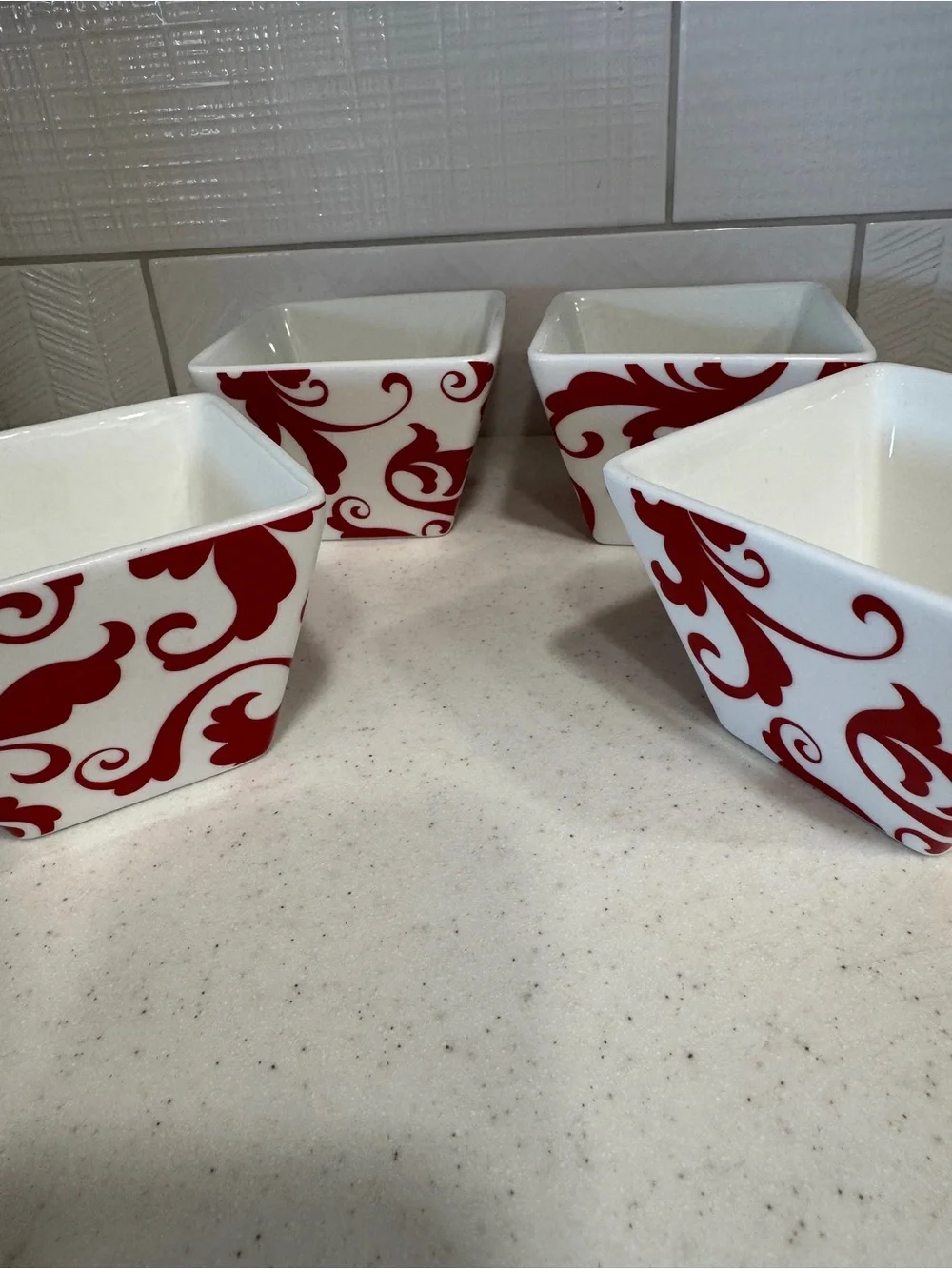 Ciroa Simple Serve 4” Red & White Scroll Design Porcelain Bowls- Set of 4